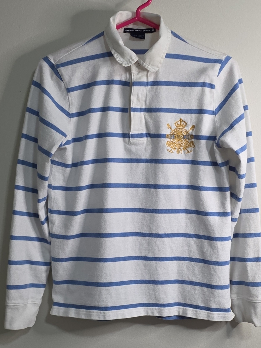 Ralph Lauren Women's White & Light Blue Striped Rugby Shirt with Gold Crest